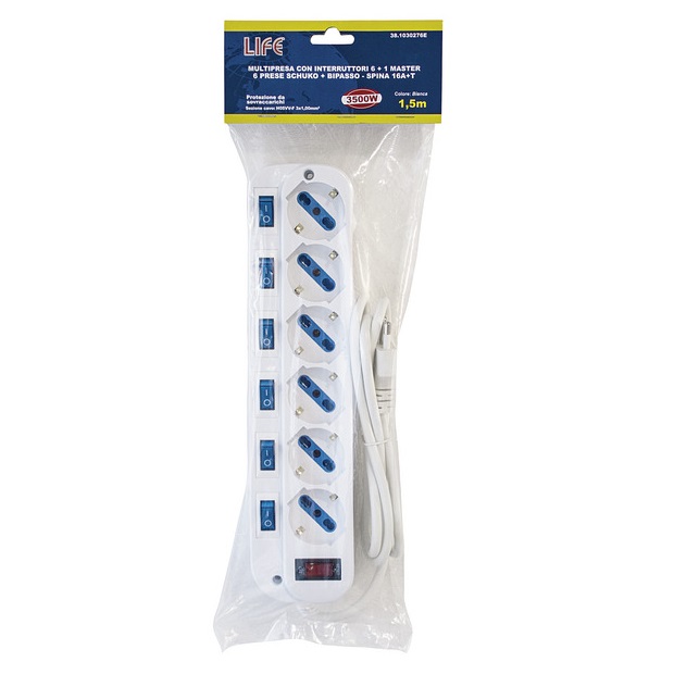 LIFE MULTIPRESA CON 6 PRESE 3500W CON INTERRUTTORI SINGOLI E CAVO 1.5mt - immagine 2