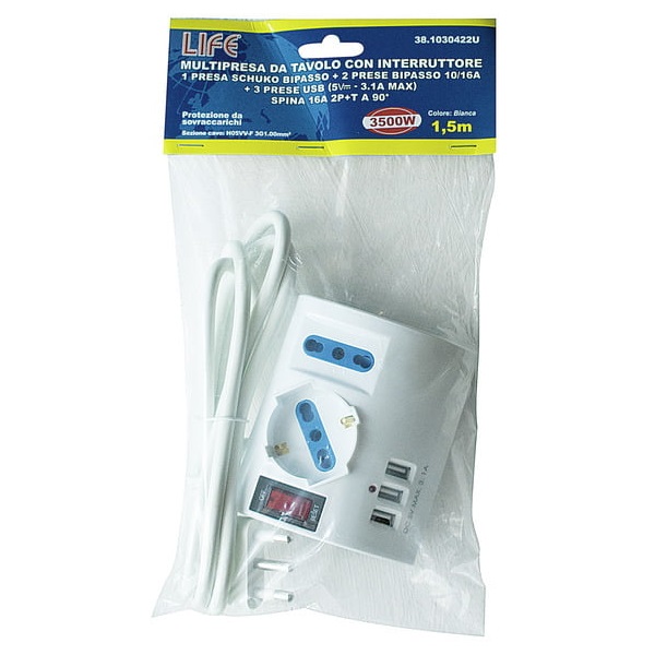 LIFE MULTIPRESA DA TAVOLO 3 USB CON PRESA SCHUKO/BIPASSO E 2 PRESE BIPASSO - immagine 2