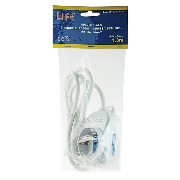 LIFE MULTIPRESA BIANCA 1 PRESA SCHUKO + 2 PRESE BIVALENTI 16A 2500W CAVO 1,3M - immagine 2