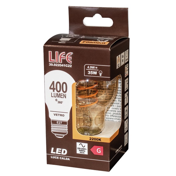 LIFE LAMPADA LED MODELLO SOFT FILAMENT AMBRA E27 4,9W 2200K 400LM - immagine 2
