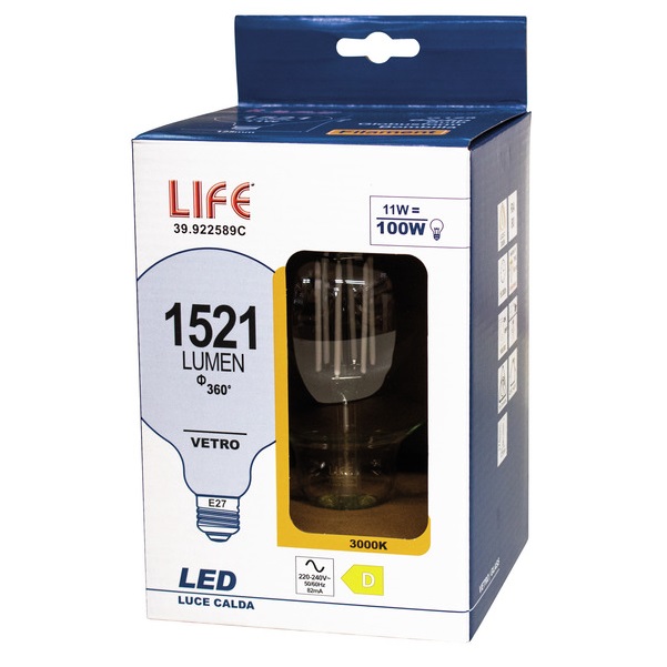 LIFE LAMPADA LED GLOBO G125 A FILAMENTO E27 11W 3000K 1521LM VETRO TRASPARENTE - immagine 2