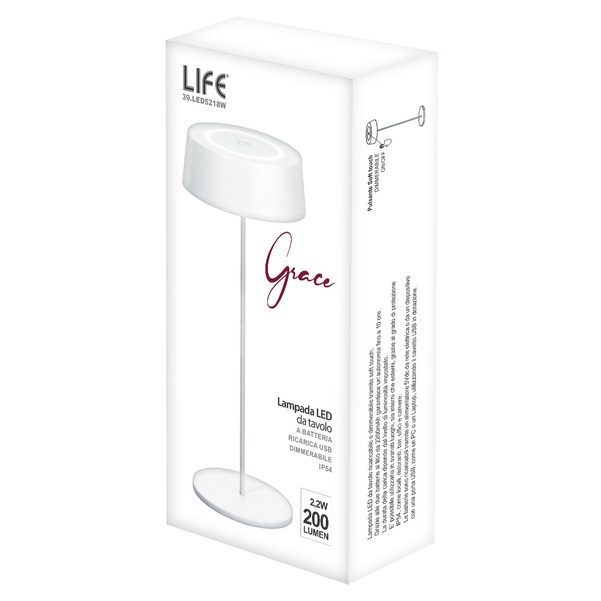 LIFE LAMPADA DA TAVOLO LED DIMMERABILE 3000K 200LM IP54 BIANCO - immagine 3