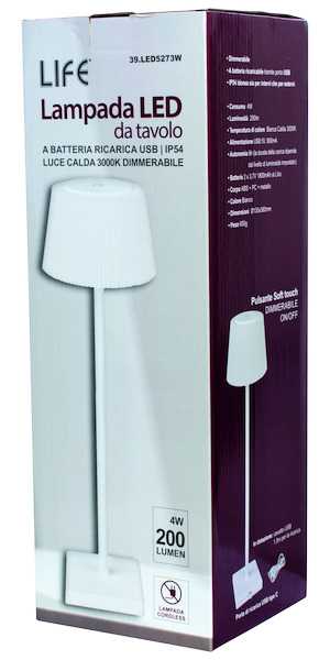 LAMPADA DA TAVOLO LED RICARICABILE CON USB 4W 3000K CON FINITURA BIANCA - immagine 3