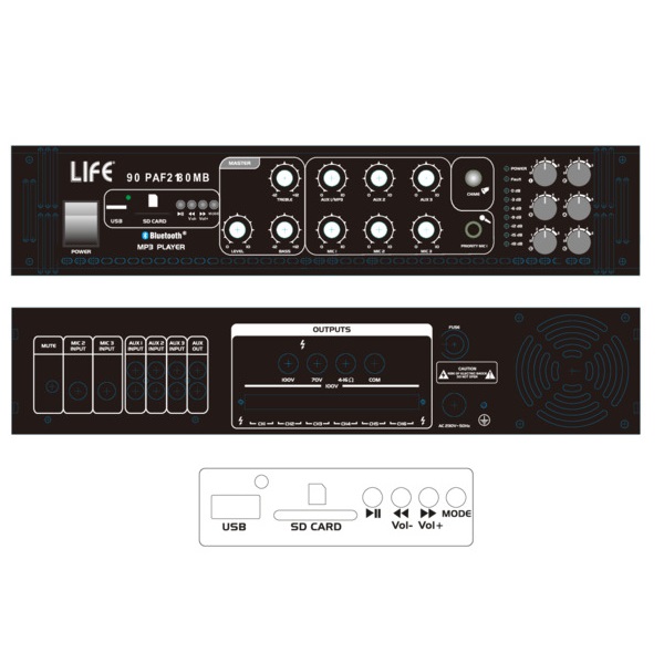 LIFE AMPLIFICATORE 6 ZONE 180W BLUETOOTH CON PORTA USB/SD 100V - immagine 3