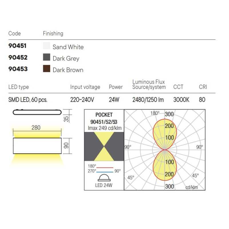 REDO APPLIQUE LED "POCKET" 24W 3000K 280mm IP54 MARRONE SCURO - immagine 2