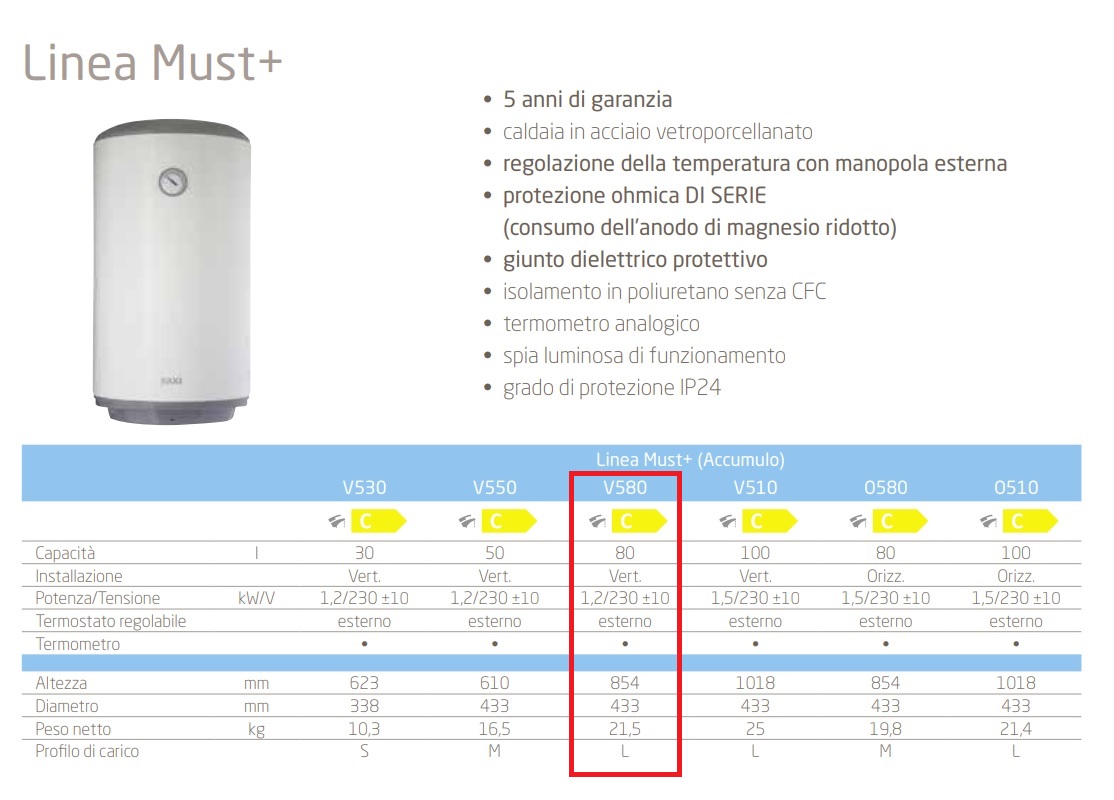 BAXI SCALDABAGNO ELETTRICO VERTICALE MUST+ V580 80LT CON 5 ANNI DI GARANZIA - immagine 2