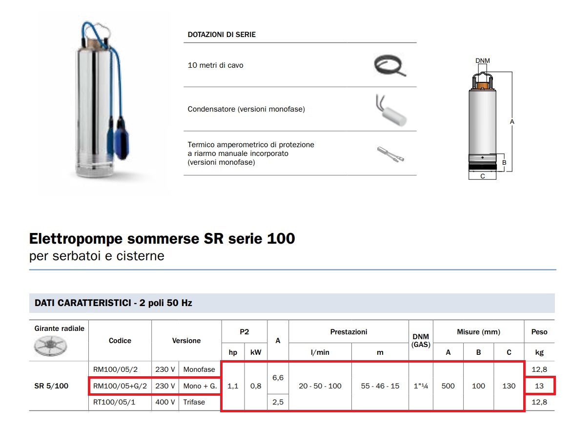 BBC ELETTROPOMPA SOMMERSA MONOBLOCCO RM100/05+G/2 230V 1,1HP - immagine 2