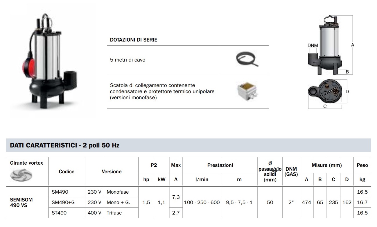 BBC ELETTROPOMPA SOMMERSA SEMISOM 490 VS+G PER ACQUE LURIDE 230V 1,5HP - immagine 2