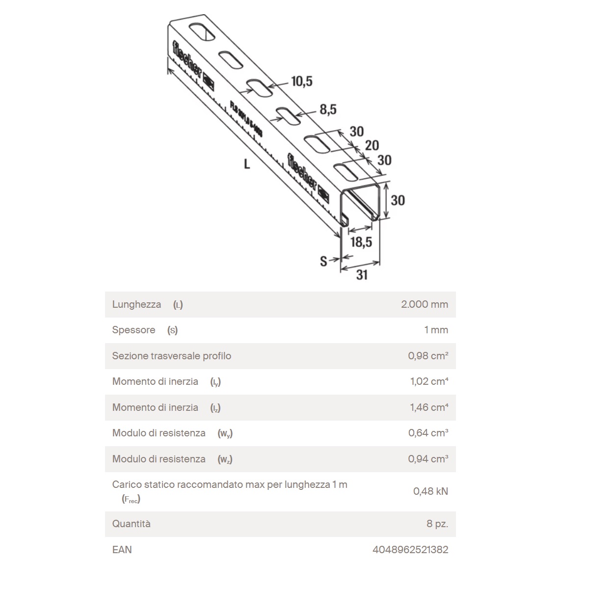 FISCHER PROFILO DI MONTAGGIO FLS 31/30/1.0 BARRA DA 2MT - immagine 3