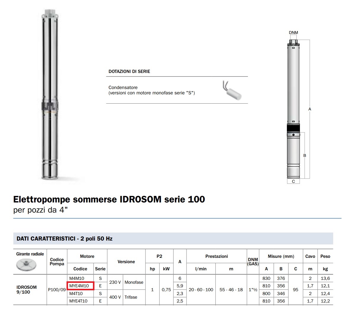 BBC MOTORE ELETTROPOMPA SOMMERSA 4" IDROSOM 9/100 MYE4M10 1HP - immagine 2