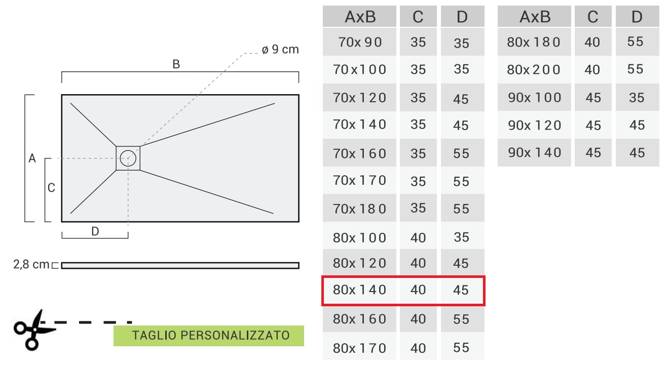 PIATTO DOCCIA RETTANGOLARE 80x140cm IN MARMORESINA BIANCO MODELLO STONE FREE H.2,8mm - immagine 3