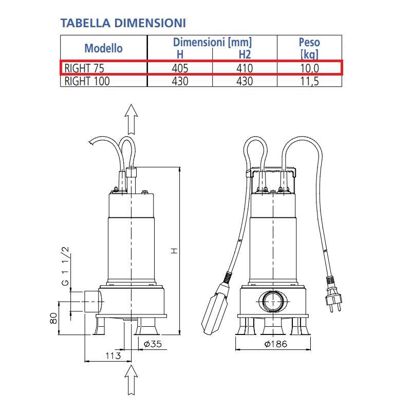 EBARA POMPA PER ACQUE SPORCHE RIGHT DA 0,75HP MONOFASE - immagine 3