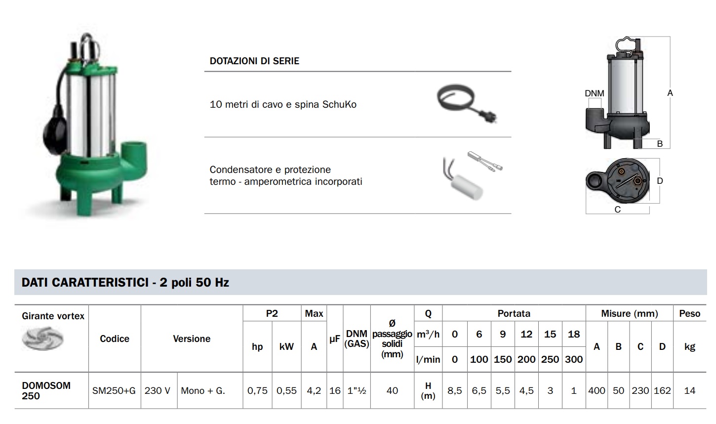 BBC ELETTROPOMPA SOMMERSA DOMOSOM SM250+G PER ACQUE REFLUE 230V 0,75HP - immagine 2