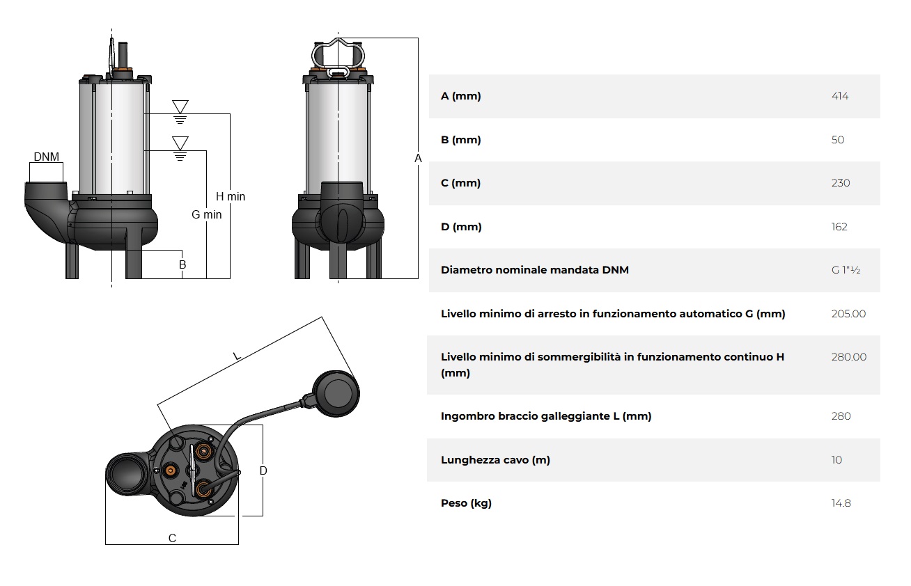 BBC ELETTROPOMPA SOMMERSA DOMOSOM SM350+G PER ACQUE REFLUE 230V 1HP - immagine 3