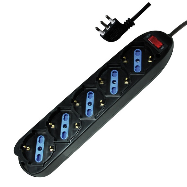 LIFE MULTIPRESA NERA 5 PRESE SCHUKO/BIPASSO 16A CON CAVO 1,5MT E INTERRUTTORE GENERALE