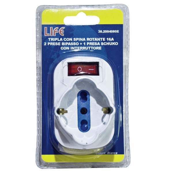 LIFE TRIPLA CON SPINA ROTANTE 16A 2 PRESE BIPASSO + SCHUKO/BIPASSO CON INTERRUTTORE - immagine 2