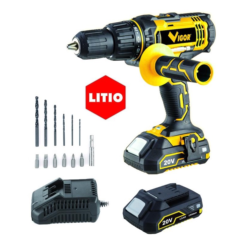 VIGOR TRAPANO A PERCUSSIONE VI-T20P/LI 20V – 2 BATTERIE 1,5Ah 50Nm CON 13 ACCESSORI