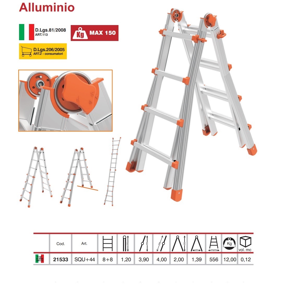 MARCHETTI SCALA TELESCOPICA IN ALLUMINIO 16 GRADINI 4,10 m PROFESSIONALE PORTATA 150 kg - immagine 4