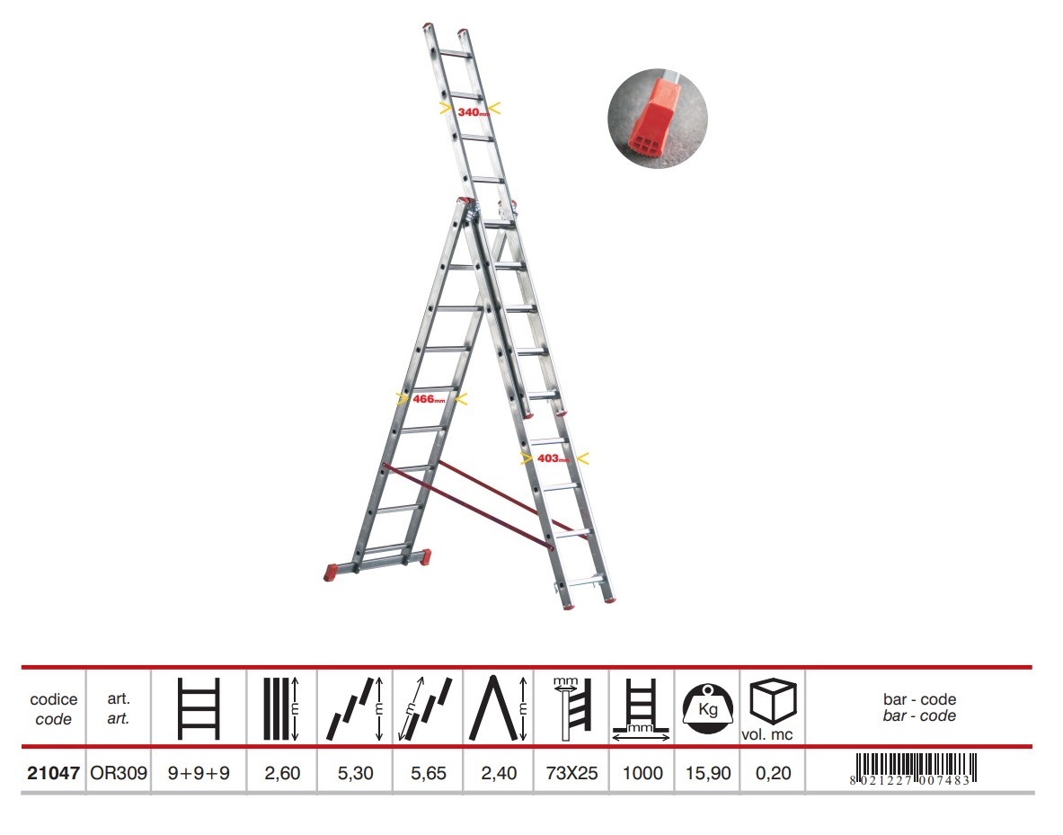 MARCHETTI SCALA A TRE ELEMENTI 'OR3' 9+9+9 GRADINI - H. 5,65 m - MONTANTE 73x25 mm - immagine 2